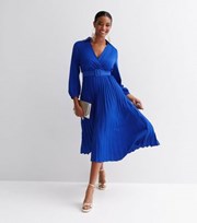 Cameo Rose Bright Blue Satin Collared Pleated Belted Midi Wrap Dress
